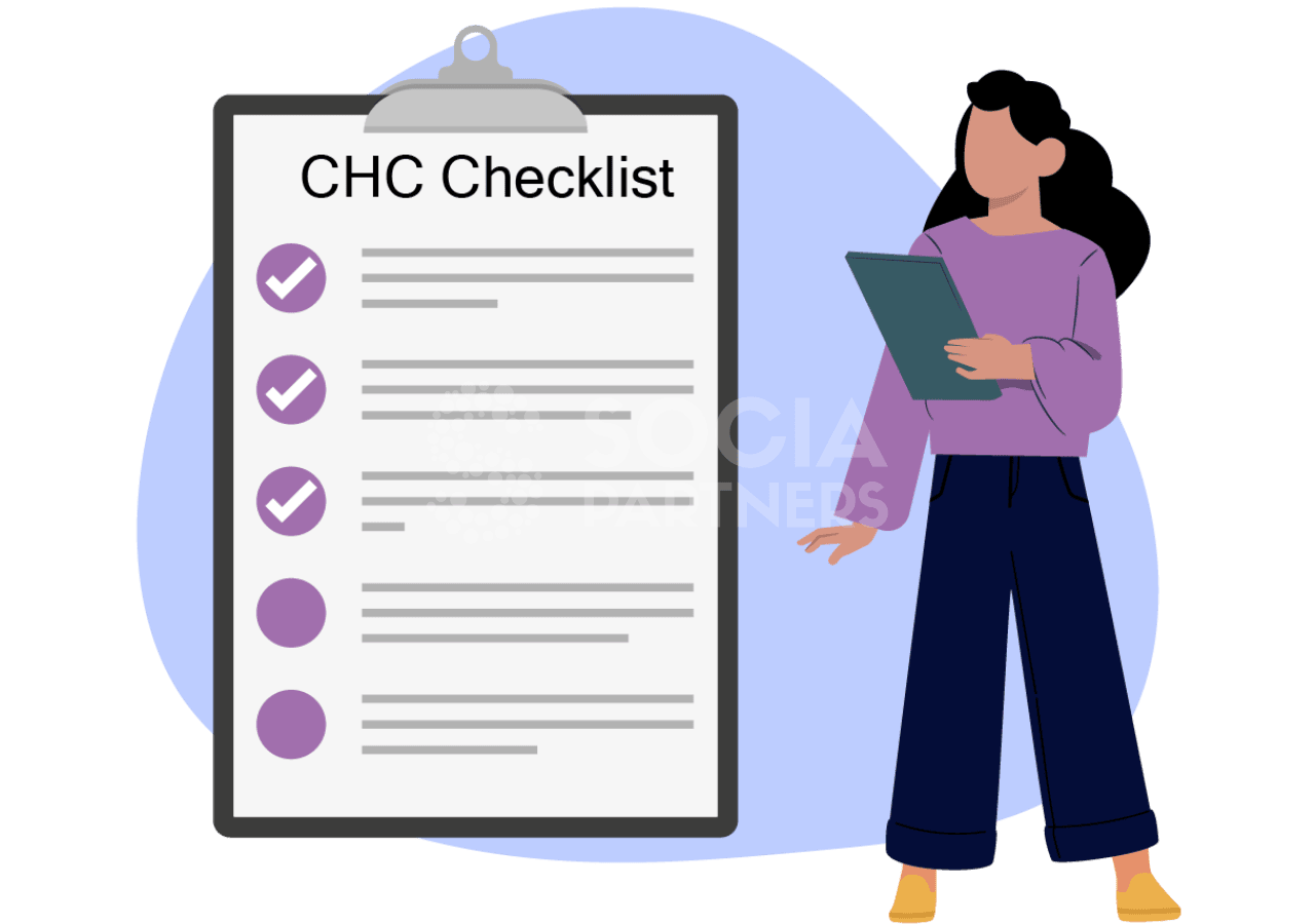 A woman is standing with a CHC checklist board.