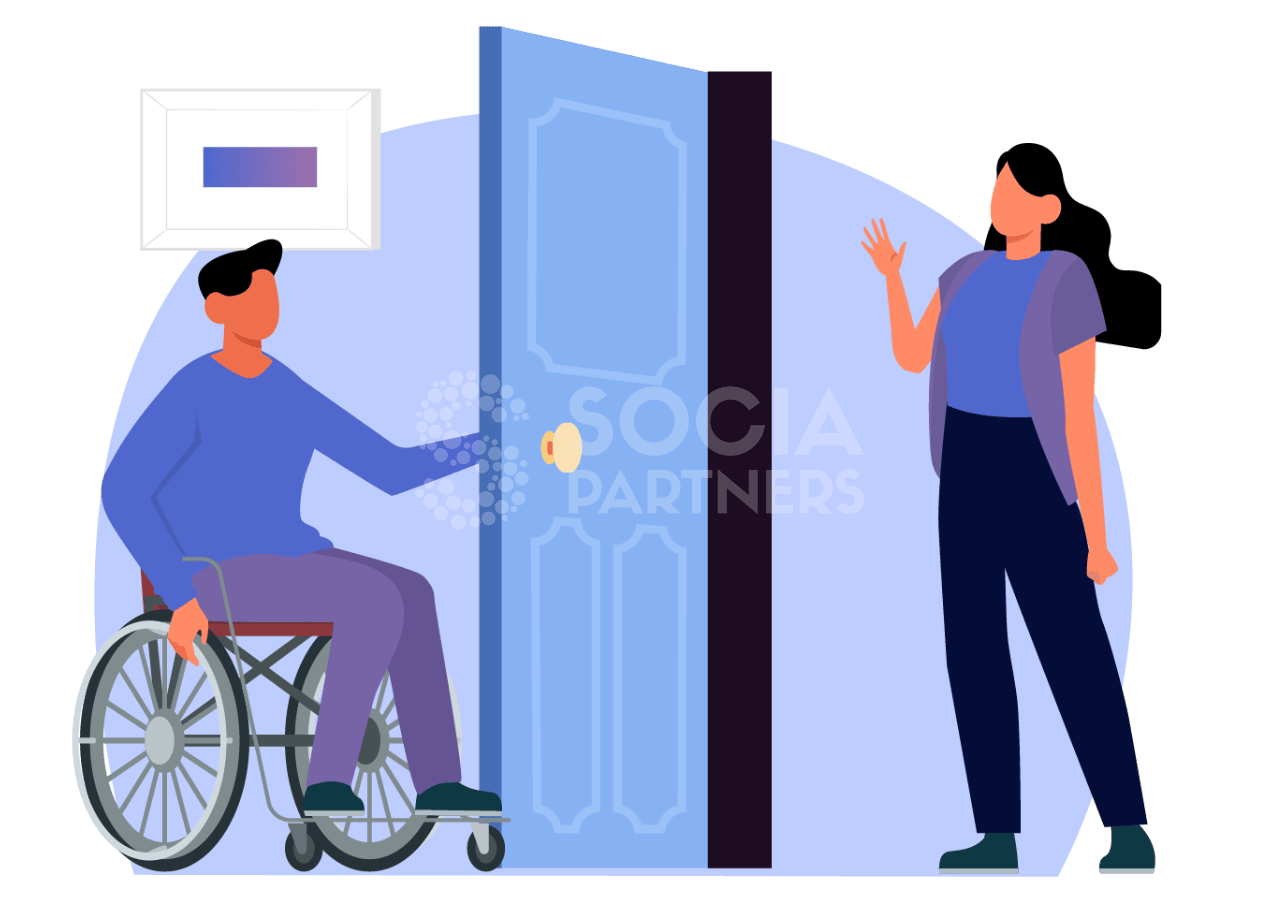 A man is sitting on a wheel chair at door, and  a woman is standing nearby discussing about care reviews.